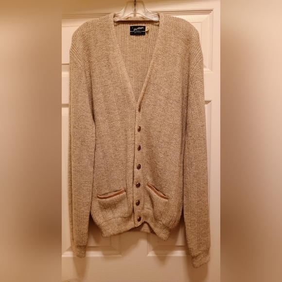 Vtg Puritan Cable‎ Knit 85% Wool Cardigan Leather Trim Mens L Long Gold Buttons
